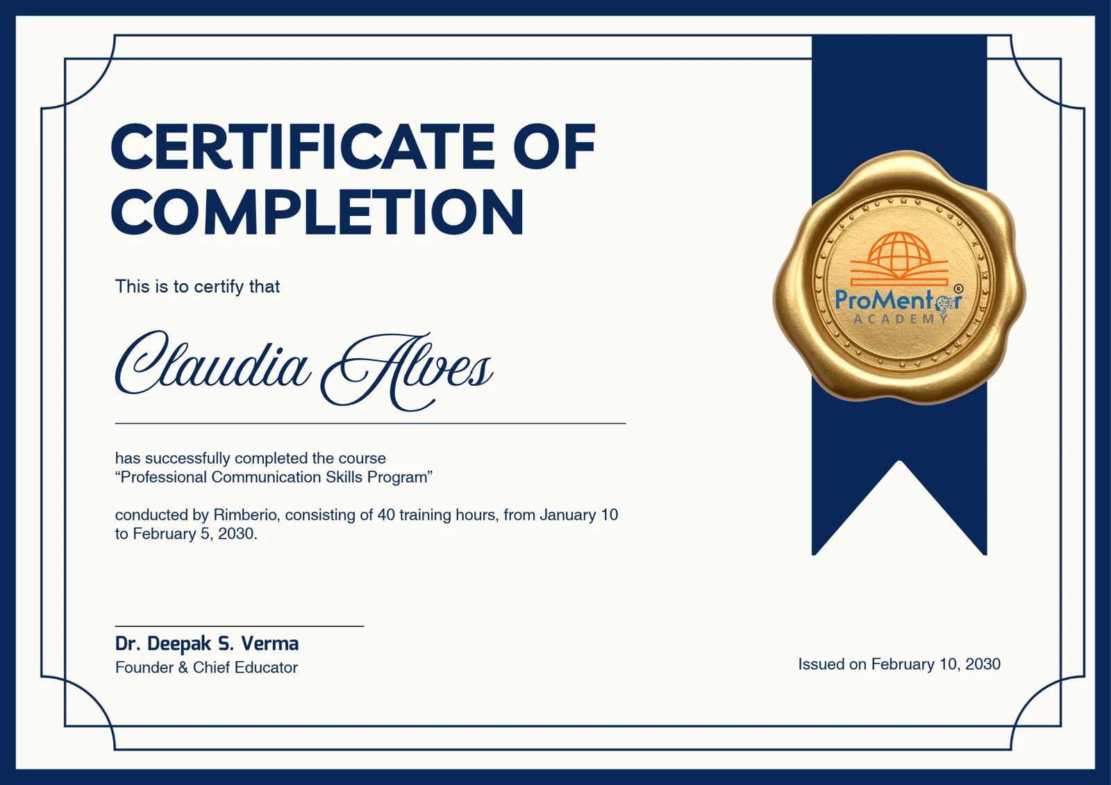 Sample ProMentor Academy certificate of completion